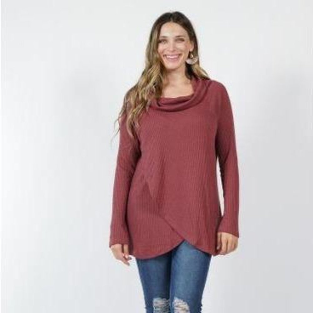 Brushed Waffle Knit Cowl Neck Tulip Front Tunic (Dark Mauve)